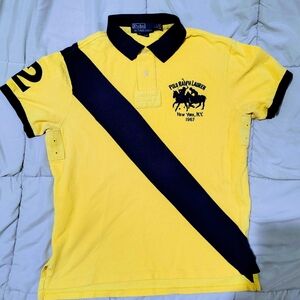 Polo Ralph Lauren Custom Fit Yellow Navy Diagonal Stripe Polo Shirt Size Large